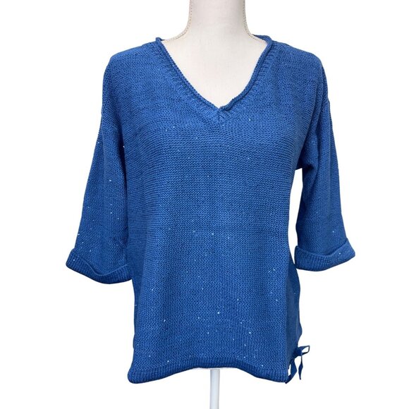 DKNY Jeans Womens 2XL Sequin V-Neck Sweater Blue Soft Lightweight Comfortable - Picture 1 of 12